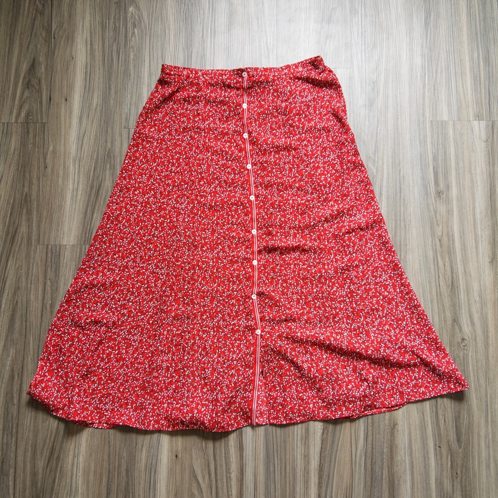 Red Floral Button-Down Skirt